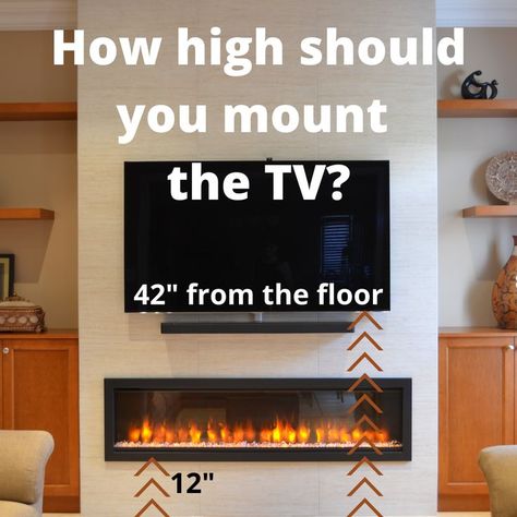 We get this question a LOT!  Here's a quick formula for getting your electric fireplace at a nice viewing height, without pushing the TV too far up the wall. Shiplap Wall Tv Room, Fireplace Tv Wall Dimensions, Beach Home Fireplace, Electric Fireplace Placement, Rectangular Fireplace With Tv Above, Electric Fireplace In Basement, Shiplap Fireplace Wall With Tv, Fireplace Tv Wall Plans, Tv Mounted Over Fireplace