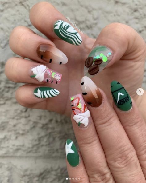 These Starbucks nail art ideas are perfect for your next manicure. Get inspired by ideas that feature everything from the mermaid to the Frappuccino. Starbucks Inspired Nails, Starbucks Nail Art, Starbucks Nails Designs, Coffee Inspired Nails, Boba Nails, Coffee Nails Designs, Coffee Nail Art, Starbucks Nails, Drinks Art