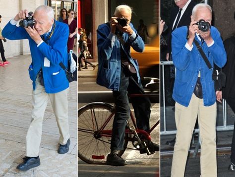 Bill Cunningham. American fashion photographer for The New York Times, known for his candid and street photography. Our hero. French Chore Jacket, Big Jeans, Bill Cunningham, French Workwear, Dress With Jean Jacket, Jeans And Flats, Blue French, Outfit Formulas, Chore Coat