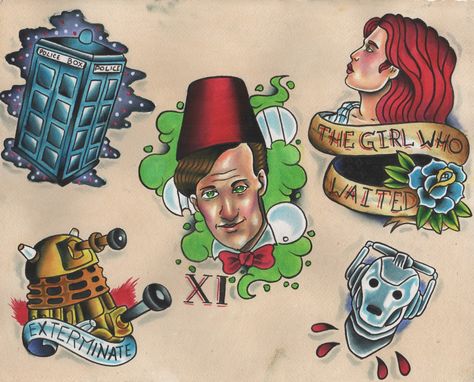 Doctor Who traditional tattoo flash by Jaimie Filer. artofdoom.blogspot.com Doctor Who Traditional Tattoo, Dr Who Tattoo, Doctor Who Tattoo, Ryan Tattoo, Filler Tattoos, Tardis Art, Doctor Tattoo, Nerd Tattoo, Tattoo Concepts