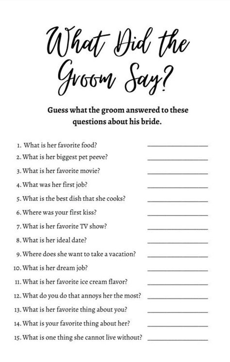 Can the guests of your bridal shower guess how the groom would answer these questions about his bride? Does he know her favorite movie, color, or food and more, and will your guests? This is the perfect game to use to get your guests talking and having fun! This will give you instant access to a pdf of the game sheets and the answer key. There are two per sheet. You will be able to print this file at your house or at a print shop.  NOTHING will be shipped as this listing is for a digital file. Does The Groom Really Know The Bride, Does The Groom Know The Bride, Games For Haldi Function, Bridal Shower Games Funny, Reception Games, Bridal Party Games, Wedding Shower Games, Future Wedding Plans, Perfect Game