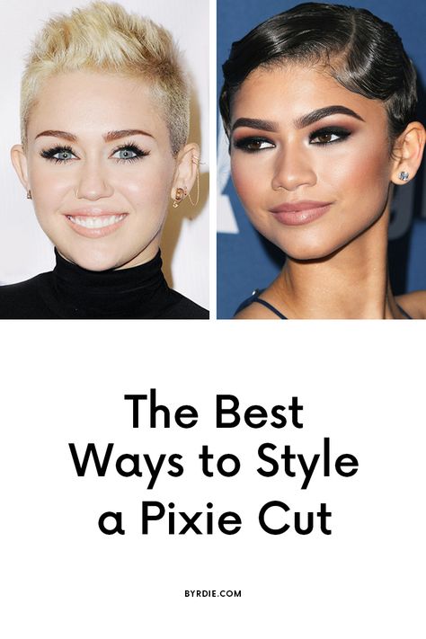 How to style a pixie cut like a celebrity Short Hair Edges Laid, Very Short Pixie Haircut 2023, Style Short Pixie How To, Celebrity Pixie Haircut, Pixie Hair Accessories Ideas, Ways To Style Short Hair Pixie, Pixie Styling Products, How To Style A Short Pixie, Slick Back Pixie Hair