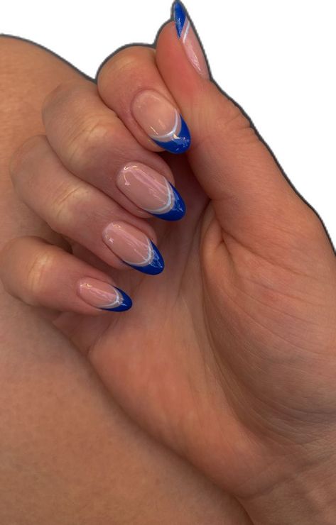 Nail Inspo For Royal Blue Dress, Blue Hoco Nails Almond, Blue Prom Nails Almond, Royal Blue Nails Hoco, Royal Blue Dip Nails, Blue Dress Nails, Nails Royal Blue, Blue Homecoming Nails, Royal Blue Nails Designs