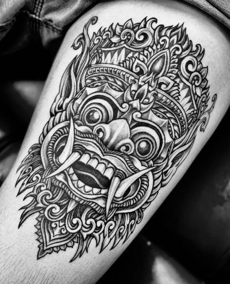 Indonesian Mask Tattoo, Barong Tattoo Balinese, Thai Leg Tattoo, Balinese Mask Tattoo, Bali Mask Tattoo, Laos Tattoos, Tattoo Balinese, Balinese Tattoo Design, Barong Mask Tattoo