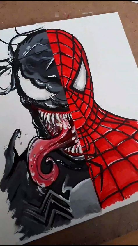 Marvel Marker Art, Spiderman Marker Drawing, Venom Painting Easy, Venom Art Drawing, Marvel Painting Ideas On Canvas, Venom Painting, Spiderman Video, Spiderman Canvas, Spiderman Painting