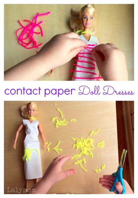 Contact Paper Doll Dresses for Barbie and other figures. Great pretend play and fine motor skills practice! What Barbie lover would not love this! Playdate Ideas, Paper Doll Dresses, How To Make Doll, Play Activity, Child Health, Motor Development, Diy Light, Paper Doll Dress, Scissor Skills