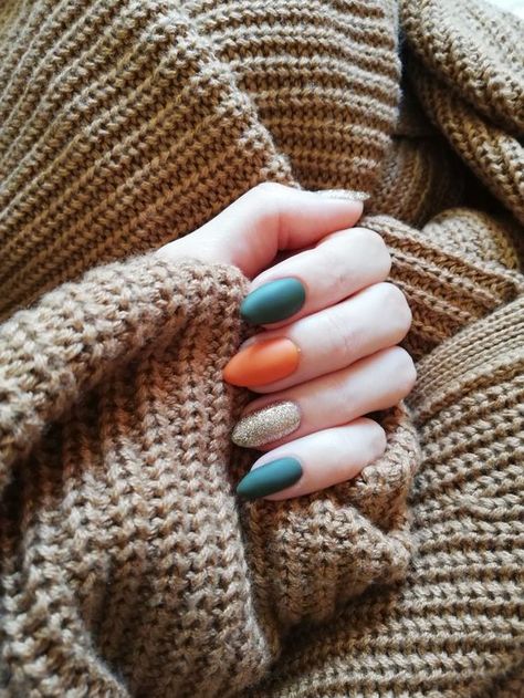 fall blue nails fall blue nails art designs fall blue nails 2023 #fallbluenails #fallbluenailsartdesigns #fallbluenails2023 Fall Emerald Green Nails, Fall Nails With Green And Brown, Fall Nail Designs Multicolor, Fall Nails Teal And Orange, Winter Nails Orange, Green Orange And Gold Nails, Rust And Green Nails, Orange And Green Nail Art, Orange Green And White Nails