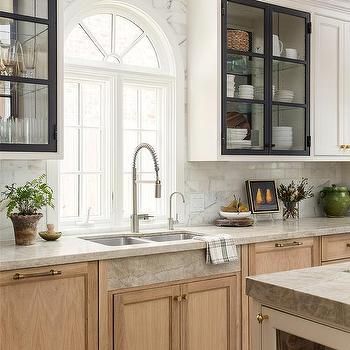 Kitchen Window Over Sink, Window Over Kitchen Sink, Arch Kitchen, Over Kitchen Sink, Window Over Sink, Calcutta Gold Marble, White Upper Cabinets, White Wood Paneling, Calcutta Gold