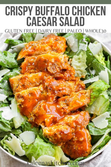 This gluten-free crispy buffalo chicken Caesar salad is a fun twist on a timeless classic. With crispy zesty buffalo chicken and creamy Caesar dressing, this salad is an easy meal for a weeknight dinner or a delicious lunch. Buffalo Chicken Caesar Salad, Caesar Salad Chicken, Creamy Caesar Dressing, Chicken Caesar Wrap, Caesar Chicken, Blackened Chicken, Chicken Caesar, Chicken Caesar Salad, Caesar Dressing