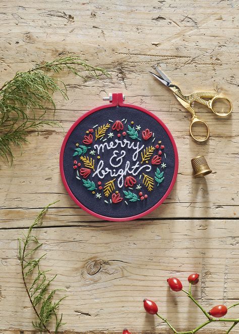 Merry and bright Christmas embroidery design Christmas Embroidery Hoop, Bright Embroidery, Christmas Knitting Patterns Free, Best Embroidery Machine, Merry And Bright Christmas, Embroidery Hoop Wall Art, Lazy Daisy Stitch, New Embroidery, Crochet Christmas Decorations