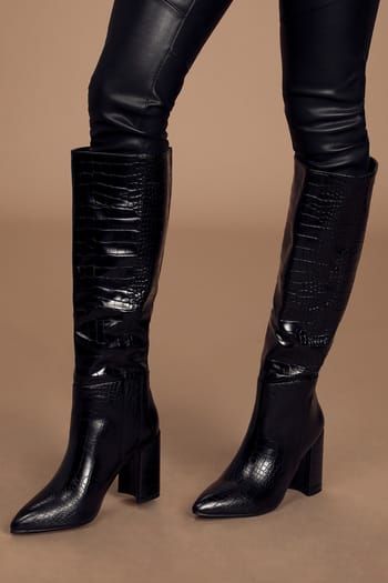 Crocodile Boots, Trendy High Heels, Snake Boots, Snake Print Boots, Black Knee High Boots, Black Snake, Heel Boots, Tall Boots, High Heel Boots