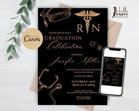 Senior Graduate Announcement Card RN Golden Caduceus Graduation Party Invitation - Nurse Practitioner Digital Invite Black Template NP GPG7 Black Template, Hello Party, Graduation Party Invitations Templates, Graduation Party Invitation, Canva App, Digital Invite, Happy Party, Graphic Design Tools, Graduation Party Invitations