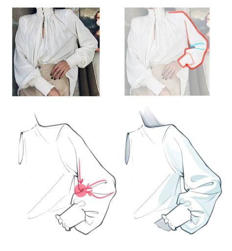 Drawing Tips Clothing Folds, Oversized Sleeves Drawing, Sleeves Folds Reference, Sleeve Ruffles Drawing, Flowy Sleeves Drawing Reference, Sleeve Wrinkles Reference, How To Draw Sleeve Folds, Big Sleeves Drawing Reference, Puffy Sleeve Reference