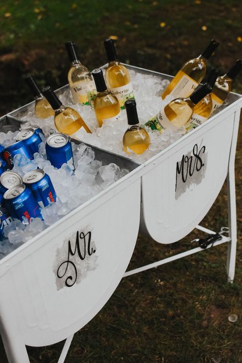 Outdoor Wedding Cooler Ideas, Beer Cooler Wedding, Coolers For Wedding Receptions, Trough Drink Station, Drink Holders For Weddings, Beer Storage For Wedding, Wedding Beer Cooler Ideas, Wedding Drink Trough, Wedding Coolers Drink Stations