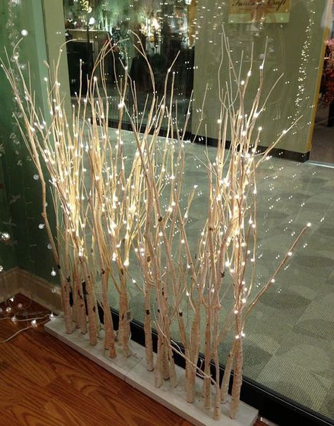 Check out these lighted birch branches on a stand. They carry 150 battery LED lights. Takken Decor, Tree Branch Decor, Lighted Centerpieces, Walking Path, Lighted Branches, Diy Lampe, Winter Wedding Decorations, Autumn Lights, Branch Decor