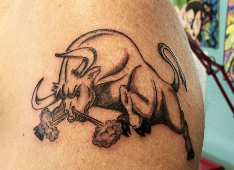 no information Angry Bull Tattoo, Bull Tattoo Ideas, Tattoo Prague, Taurus Bull Tattoos, Angry Bull, Geometric Tattoo Sleeve Designs, Taurus Constellation Tattoo, Bull Tattoo, Brahma Bull