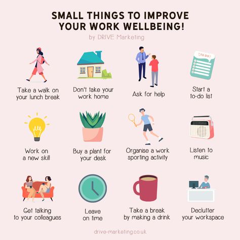 Small Things to Improve Your Work Wellbeing - Make it DRIVE Wellbeing At Work Ideas, Workplace Wellbeing Activities, Mental Health Activity Ideas For Work, Ways To Improve Mental Health, Workplace Wellbeing, Mental Health At Work, Wellbeing Activities, Floating Deck, Workplace Wellness