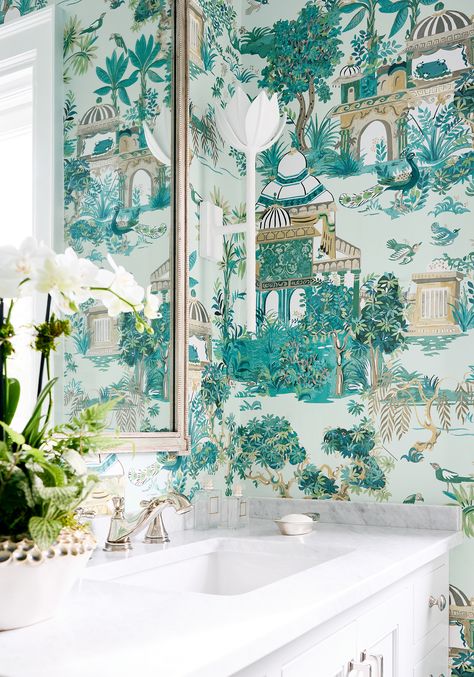 Mystic Garden from Eden Collection Thibaut Mystic Garden, Mystic Garden, Thibaut Wallpaper, Wallpaper Bathroom, Vert Turquoise, Garden Wallpaper, Bathroom Wallpaper, Wallpaper Paste, New Wallpaper