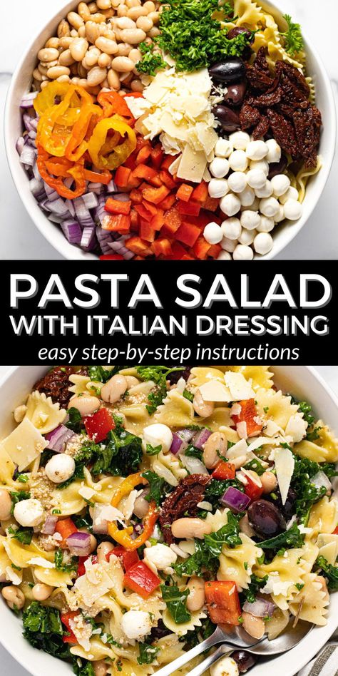 This easy pasta salad with Italian dressing takes less than 30 minutes to make and is loaded with fresh veggies for a hearty side dish or simple meal prep recipe! Veggie Loaded Pasta, Loaded Pasta Salad, Easy Homemade Italian Dressing, Loaded Pasta, Pasta Salad With Italian Dressing, Simple Meal Prep, Pasta With Olives, Vinegar Salad Dressing, Easy Pasta Salad Recipe