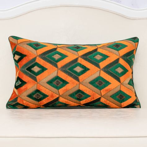 Teal Throw Pillows, Orange Diamond, Pillow For Couch, Pillow Embroidery, Pillow Ideas, Leaves Pillow, Geometric Embroidery, Rectangle Pillow, Decorative Pillows Couch