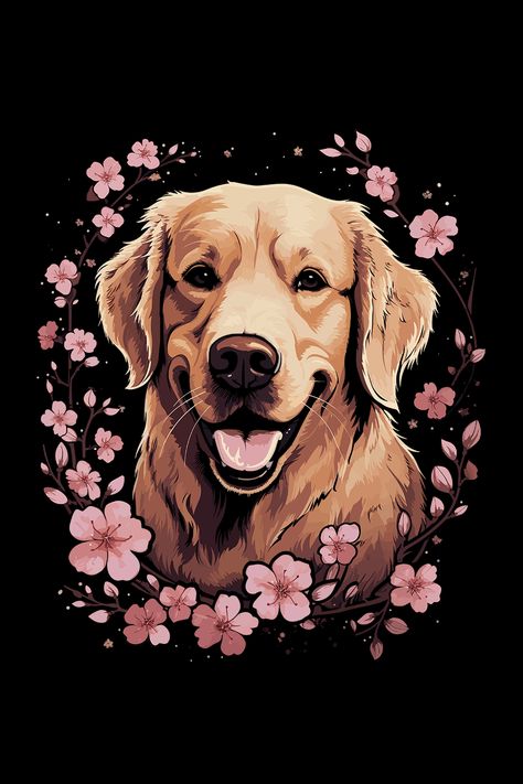 A Golden Retriever surrounded with Cherry Blossom, illustration. A beautiful art illustration in vector style would be ideal for any Golden Retriever dog lover who also love Cherry Blossom or flowers Dog And Flowers Drawing, Golden Retriever Flowers, Cherry Blossom Illustration, Golden Retriever Cartoon, Blossom Illustration, Golden Retriever Art, Vet Clinic, Dog Pics, Illustration T Shirt