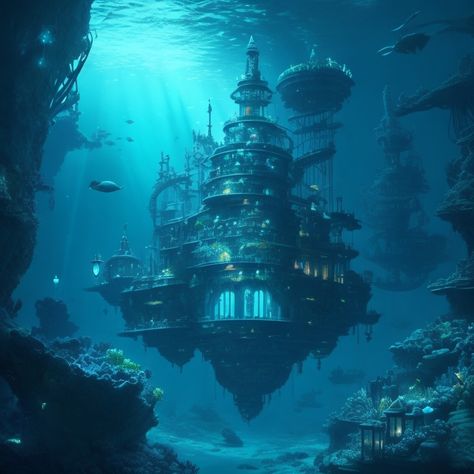 Undersea Kingdom Aesthetic, Fantasy Sea Kingdom, Under Water City Fantasy Art, Water Town Fantasy Art, Fantasy Water Kingdom Aesthetic, Ocean Kingdom Fantasy Art, Underwater Castle Fantasy Art, Underwater Palace Fantasy Concept Art, Water World Fantasy Art