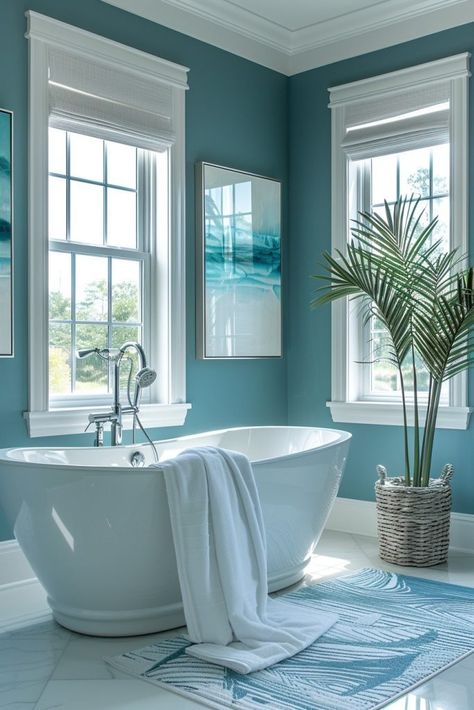 Airbnb Inspiration, Coastal Farmhouse Bathroom, Green Bathrooms, Coastal Bathroom Design, Blue Bathroom Decor, Light Blue Walls, Coastal Bathroom, Hallway Designs, Unique Furniture Pieces