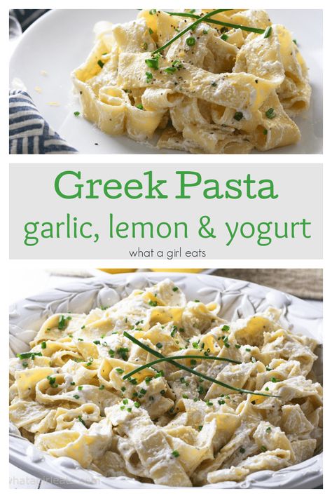 Vegetarian Greek Pasta with garlic, lemon and yogurt ready in under 30 minutes! Yogurt Pasta Salad, Yogurt Recipes Dinner, Greek Yogurt Pasta Sauce, Lemon Pasta Sauce, Pasta With Yogurt, Yogurt Pasta, Greek Yogurt Pasta, Lake Recipes, Pasta With Lemon Sauce