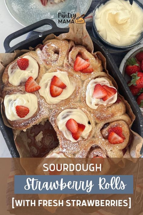 Soft sourdough strawberry rolls bejewelled with fresh strawberries and topped with indulgent vanilla cream cheese frosting. Sourdough Discard Strawberry, Rhubarb Rolls, Sourdough Strawberry, Sourdough Sweets, Strawberry Rolls, Sourdough Breakfast, Gooey Chocolate Brownies, Vanilla Cream Cheese, Sourdough Cinnamon Rolls