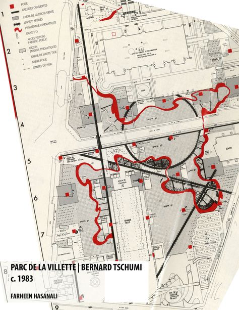 Parc De La Villette | Bernard Tschumi – Space, Form, Body, Technique | Faa1586's Blog Bernard Tschumi Diagram, Tschumi Architecture, Urban Mapping, Bernard Tschumi, Architecture Site Plan, Urban Analysis, Body Diagram, Urban Design Concept, Data Visualization Design