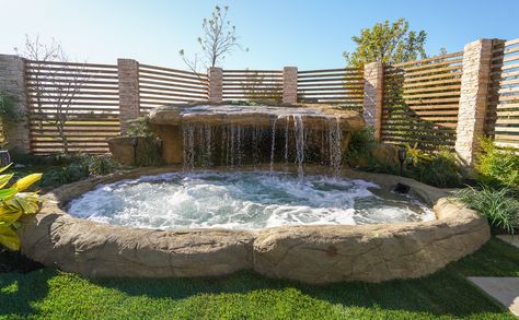 Custom Rock Hot Tubs & Spas | Universal Rocks Swimming Pool Waterfall, Backyard Getaway, Dream Backyard Pool, Rock Waterfall, In Ground Spa, Small Yards, Watering Plants, Falling Water, Pool Waterfall