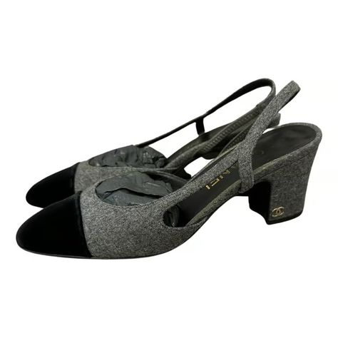 Slingback tweed sandal Chanel Grey size 36 EU in Tweed - 36699926 Tweed Heels, Tweed Chanel Slingback, Chanel Denim Sandals, Chanel Rope Sandals, Chanel Tweed Ballet Flats, Chanel Sandals, Chanel Tweed, Grey Tweed, Designer Sandals