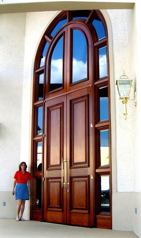 Solid Mahogany Wrap Around Hurricane Impact Door. Ramp House, Wrought Iron Front Door, Home Window Grill Design, Black Gate, Mdf Design, Double Door Entrance, House Main Door, Impact Doors, Iron Front Door