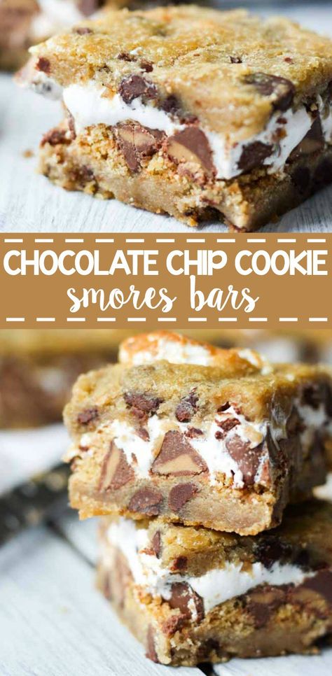 chocolate-chip-cookie-smores-bars Smore Bars, Cookie Smores, Marshmallow Peanut Butter, Blondies Recipes, Cookies Marshmallow, Smores Bars, Camping Foods, S Mores Bars, Foods Ideas