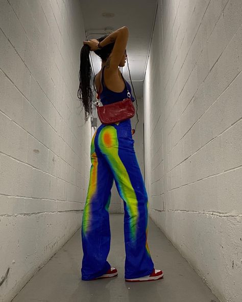 Multi Belt, Y2k Colorful, Autumn Trends, Printed Jeans, Streetwear Fashion Women, Pants Blue, Straight Trousers, Crop Top Blouse, Green Day