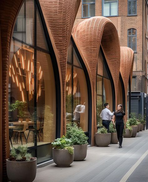 Brick Cafe Exterior, Hotel Modern Architecture, Parametric Brick Facade, Old School Architecture, Unique Exterior Design, Restaurant Architecture Exterior, Cafe Architecture Exterior, Museum Design Architecture, Arch Restaurant