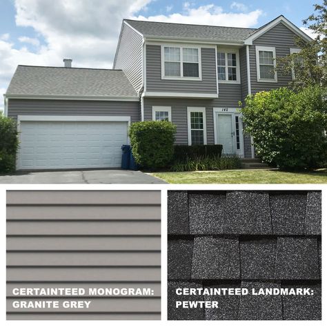 ROOF:  CertainTeed Landmark | Pewter SIDING:  CertainTeed Monogram | Granite Grey Vinyl Siding Color Schemes, Grey Siding House, Certainteed Vinyl Siding, Grey Vinyl Siding, Vinyl Siding Colors, Roof Shingle Colors, Grey Siding, Cedar Shake, Lake Houses Exterior