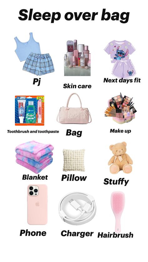 Idea what to bring for sleepover Road Trip Supplies, Sleepover Packing List, Fun Sleepover Activities, Sleepover Essentials, Road Trip Bag, Road Trip Kit, Sleepover List, Trendy Water Bottles, Sleepover Bag