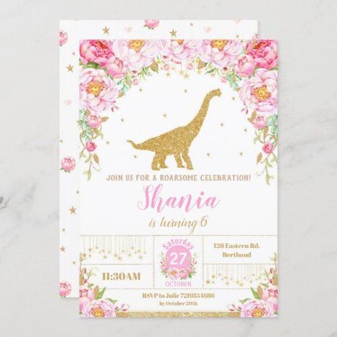 $2.45 | Floral Dinosaur Birthday Invitation Girl #girlsbirthdayparty #firstbirthdayparty #chicglittergoldinvite #watercolourfloral #pinkandgold #dinosaurinvitation #floraldinosaurinvitation #girlsdinosaurinvitation #brontosaurus #dinosaurbirthdayparty Dinosaur Brachiosaurus, Floral Dinosaur, Orange Dinosaur, Dinosaur Birthday Party Invitations, Lollipop Party, Girl Dinosaur Birthday, Dinosaur Silhouette, Dinosaur Invitations, Girls Party Invitations