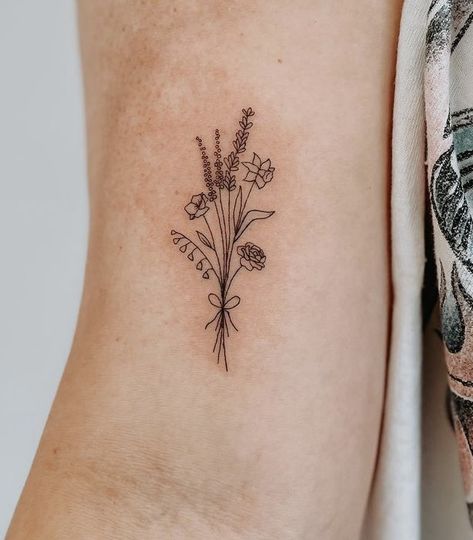 One Line Bouquet Tattoo, Dainty Floral Bouquet Tattoo, Birth Flower Bouquets Tattoos, Bouquet Of Flowers Tattoo Small, Four Flower Bouquet Tattoo, Tattoo Birth Flower Bouquet, Boutique Of Flowers Tattoo, Dainty Flower Forearm Tattoo, Bouquet Ankle Tattoo