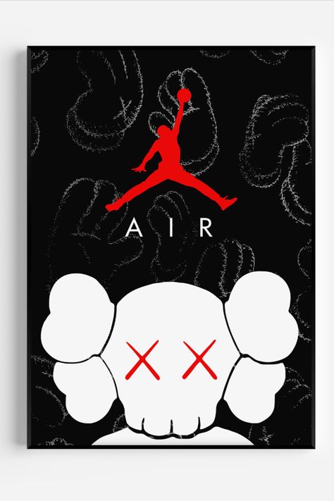 Transform Your Space with this AIR JORDAN 1 x KAWS Poster - Perfect for Sneaker Fans and Art Lovers Alike! Don't Miss Out on This Must-Have Collectible - Order Yours Today and Elevate Your Decor Game. #airjordan #sneaker # sneakerposter #kaws #hypebeast Kaws Jordan Wallpaper, Hypebeast Poster Design, Nike Jordan Drawing, Kaws Poster Art Prints, Hype Beast Poster, Kaws Head, Air Jordan Poster, Kaws Poster, Jordan Poster