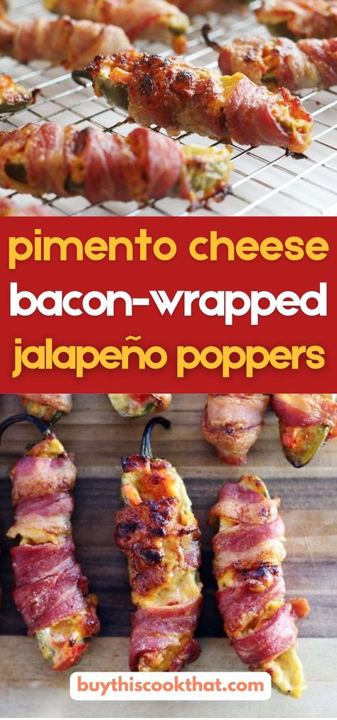 two images of roasted jalapeño poppers stuffed with pimento cheese. In between the images is large text that reads "pimento cheese bacon-wrapped jalapeño poppers" Homemade Jalapeno Poppers, Pimento Cheese Appetizer, Pimento Cheese Recipe, Bacon Jalapeno Poppers, Homemade Pimento Cheese, Bacon Wrapped Jalapeno Poppers, Pimento Cheese Recipes, Bacon Wrapped Jalapenos, Jalapeño Poppers