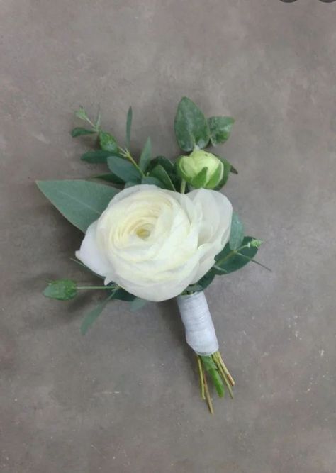 ranunculus boutonniere White Ranunculus Boutonniere Wedding, White Modern Boutonniere, White Flower And Greenery Boutonniere, Boutonniere Wedding Eucalyptus, Boutineer Ideas Eucalyptus, Boutineer Ideas Ranunculus, Simple Bouteniers Wedding, Artificial Flower Boutonniere Diy, White Boutineer Ideas