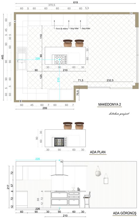 Kitchen Island Dimensions Layout, Kitchen Elevation With Dimensions, Kitchen Plans Layout, Kitchen Elevation, Kitchen Island Dimensions, Design Elevation, Plan Elevation, Kitchen Island Plans, Kitchen Layout Plans