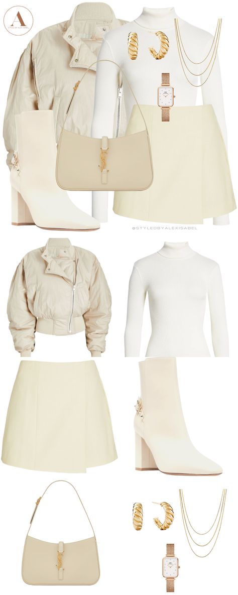 Skirt And Puffer Jacket, White Ysl Bag, Mini Skirt White, Money Outfit, White Ankle Boots, Gold Skirt, Gold Outfit, Boots White, White Turtleneck