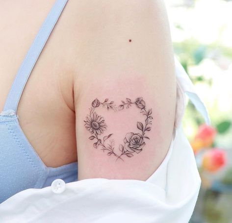 Teasel Tattoo, Flower And Heart Tattoos, Daisy Heart Tattoo, Sunflower Heart Tattoo, Flower Heart Tattoo, Friend Tats, Heart Flower Tattoo, Pretty Flower Tattoos, Small Neck Tattoos