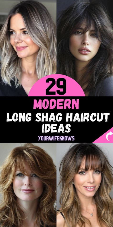 Haircut Ideas For Long Hair, The Shag Haircut, Trendy Curtain Bangs, Elevate Style, Modern Shag Haircut, Long Shag Haircut, Sweeping Bangs, Long Shag, Long Face Shapes