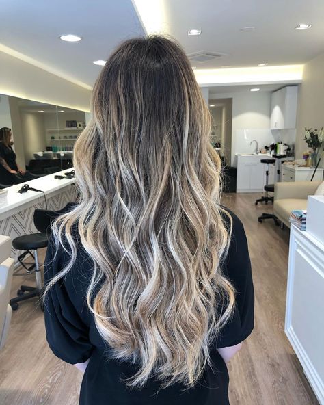 High Up Balayage, Balayage To Brown Hair, Blonde Ombre Brunette, Blond Ombre Hair Balayage, Cool Blonde Ombre Balayage, Cream Blonde Balayage On Dark Hair, Black Hair Blond Balayage, Platinum Blonde Balayage Hair, Balayage Hair Extensions Dark Roots