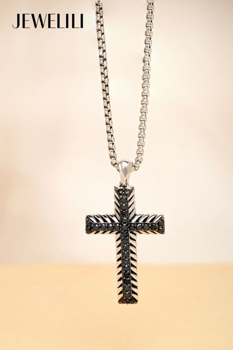 Enhance his style with this Men's Cross Necklace Pendant that shows his faith with a glint. Crafted from sterling silver, the necklace features treated black round diamonds, showcasing the class of the diamond, making it a perfect accessory for any occasion. Ideal as a summer wedding gift or a personal treat, this classic accessory combines quality craftsmanship with an eye-catching design. This diamond pendant is also the perfect gift for Father's Day. A Cross Necklace, Mens Cross Necklace, Mens Crosses, Cubic Zirconia Necklace, Box Chain, Gifts For Father, Necklace Pendant, Black Diamond, Diamond Pendant