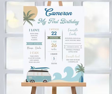 Surf Birthday Milestone Poster Surfer 1st Birthday Stats - Etsy | Etsy (US) One Year Old Birthday Party Boy Summer, The Big One Surf Birthday, Surf Birthday Party, Surf Birthday, Surfing Board, Bday Party Kids, Girl Bday Party, Boho Invitations, Milestone Poster